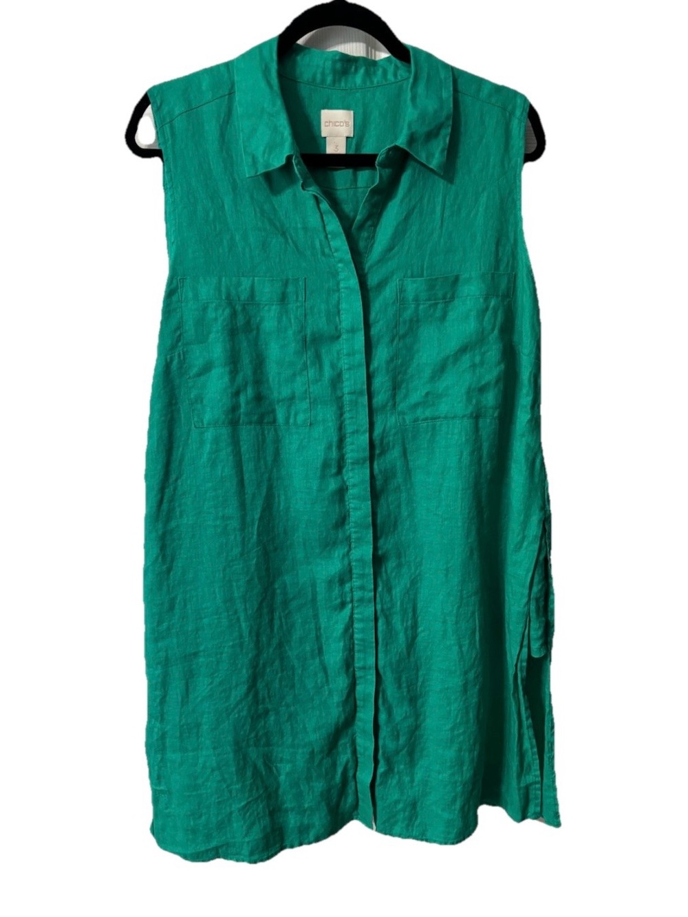 Chico's Size 3/XL Sleeveless Button Front 100% Linen Tunic Top Green Lagenlook